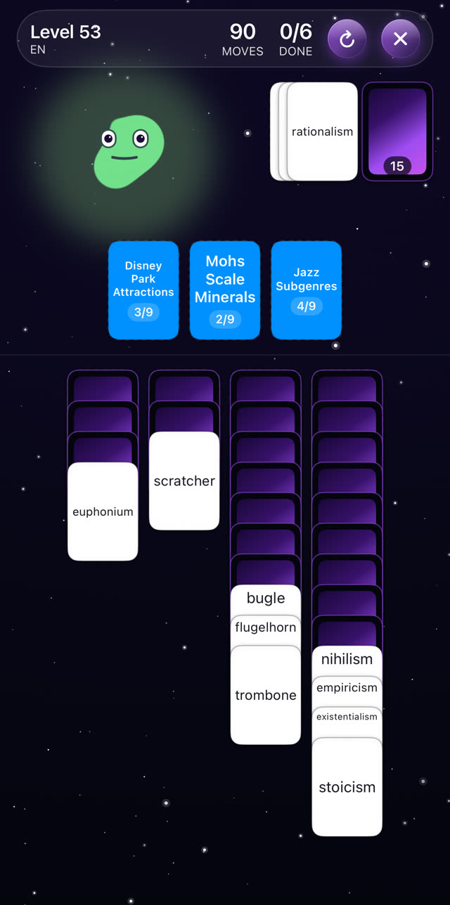 A KindaSorta level with three categories in progress: Disney Park Attractions, Mohs Scale Minerals, and Jazz Subgenres.