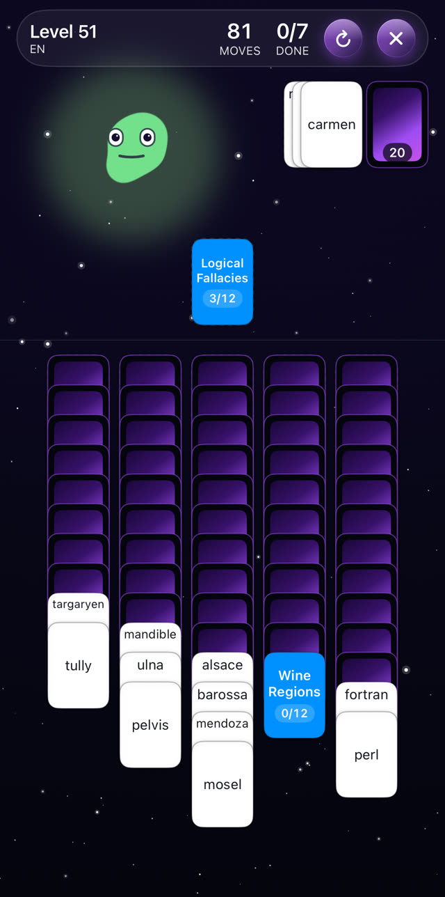 A KindaSorta board with a Logical Fallacies category started and word cards laid out in columns.