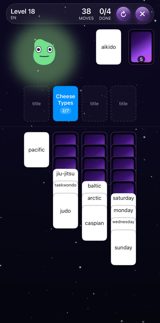 A KindaSorta board showing empty title slots and a Cheese Types category being filled.
