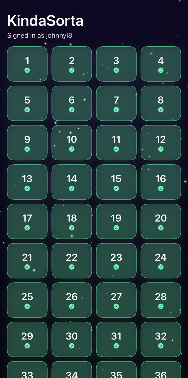 The KindaSorta level-select screen showing a grid of completed levels with green checkmarks.